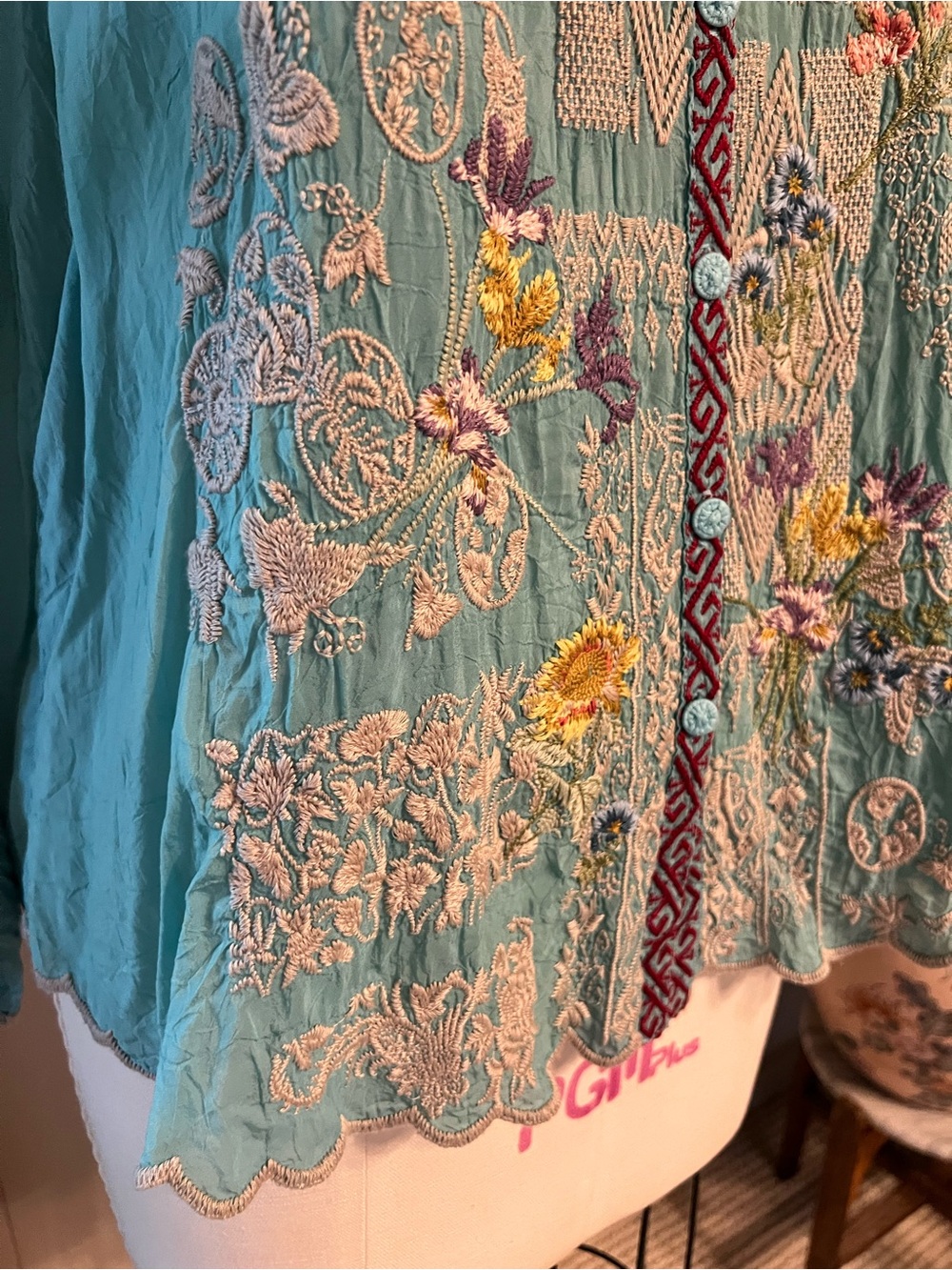 Johnny Was Embroidered silk Turquoise Floral Button-Front Women's Top - Picture 4 of 16